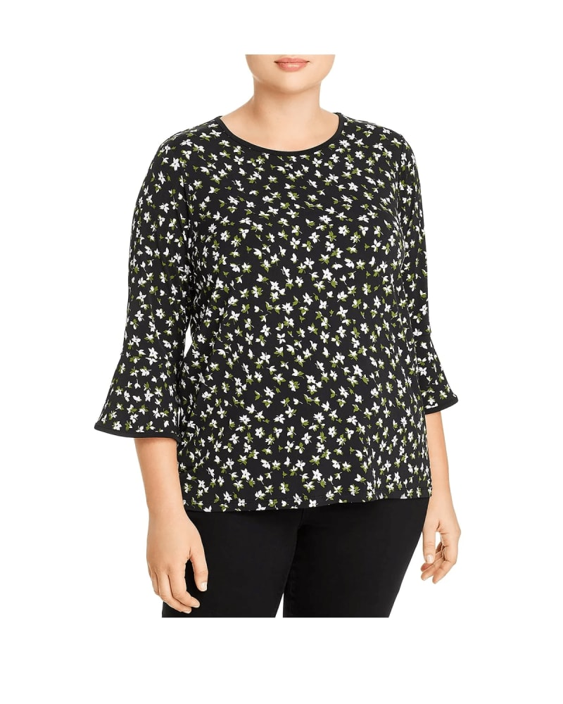 Front of a model wearing a size 1X Michael Kors Women's Plus Floral Print Bell Sleeve Top Green Size 1X in Green by Michael Kors. | dia_product_style_image_id:311323